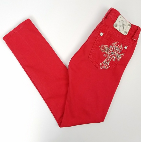 Miss Me Denim - Miss Me Crystal Cross Red Skinny Jeans